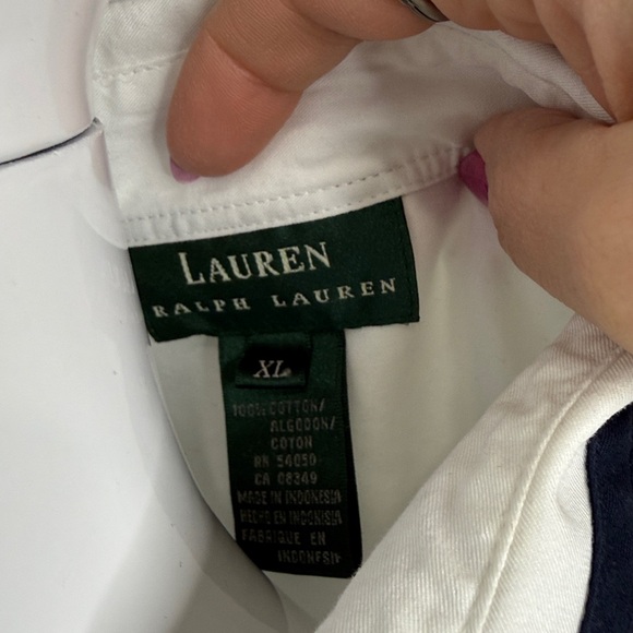 Ralph Lauren 100% Cotton White Button-Up with Navy collar and cuff trim accents - Picture 2 of 11